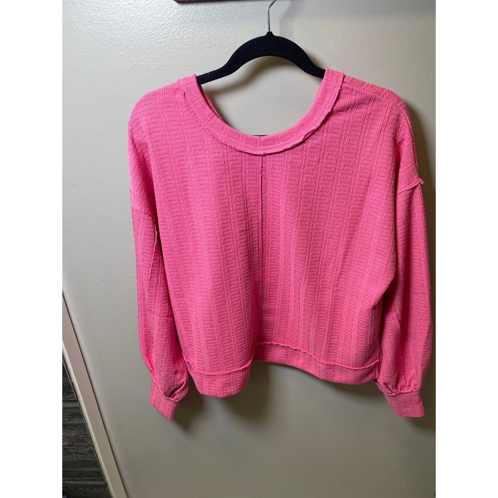 New View Womens Pink Textured Waffle Knit Balloon Sleeve Pullover Top NT12413 M